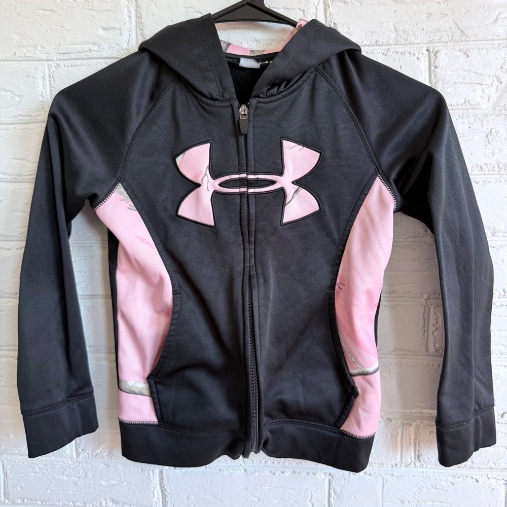 Under Armour Girls Youth Size 6X‎ Black Pink Camo Zip Up Hoodie Athletic